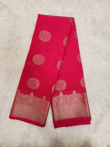 Rani Pink Semi Kanchi Saree with Copper Zari & Dark Green Pallu - Urban Weave Sarees