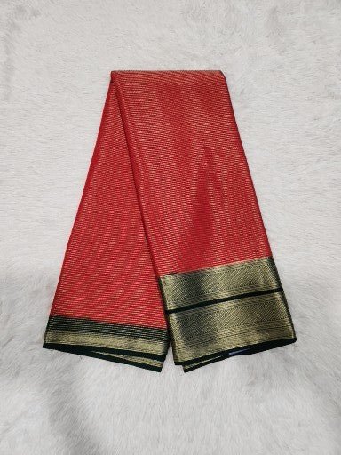 Red Fancy Saree With Silver Zari & Dark Green Pallu Design - Urban Weave Sarees
