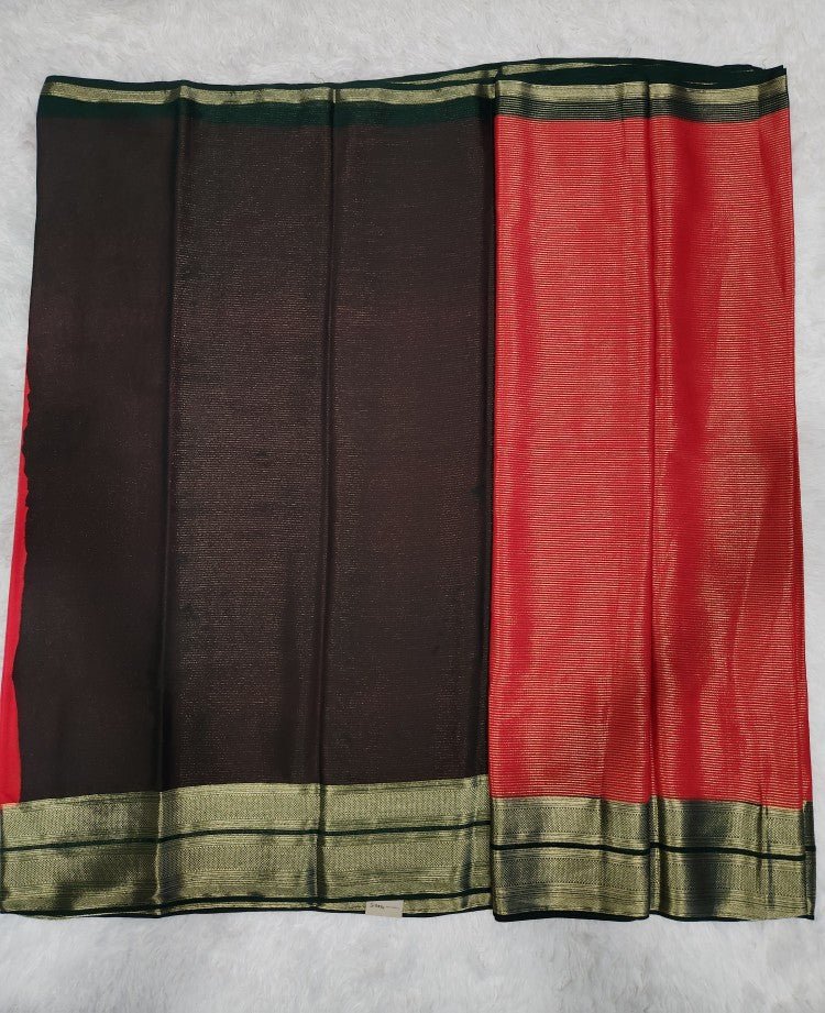 Red Fancy Saree With Silver Zari & Dark Green Pallu Design - Urban Weave Sarees