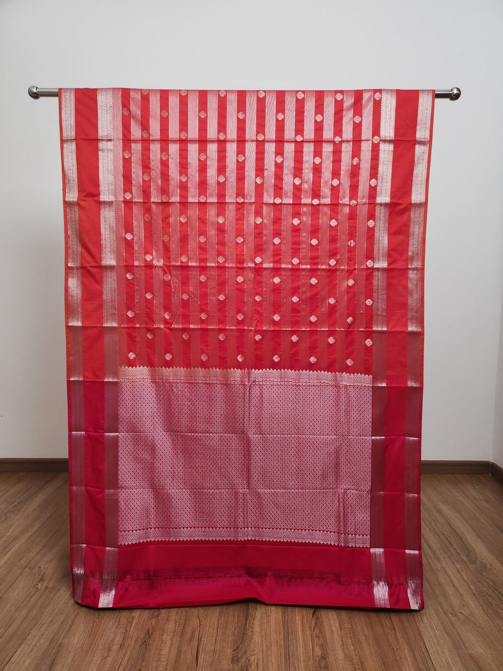 Red Orange Semi Kanchi Saree with Silver Zari & Horizontal Line Design - Urban Weave Sarees