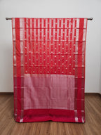 Red Orange Semi Kanchi Saree with Silver Zari & Horizontal Line Design - Urban Weave Sarees