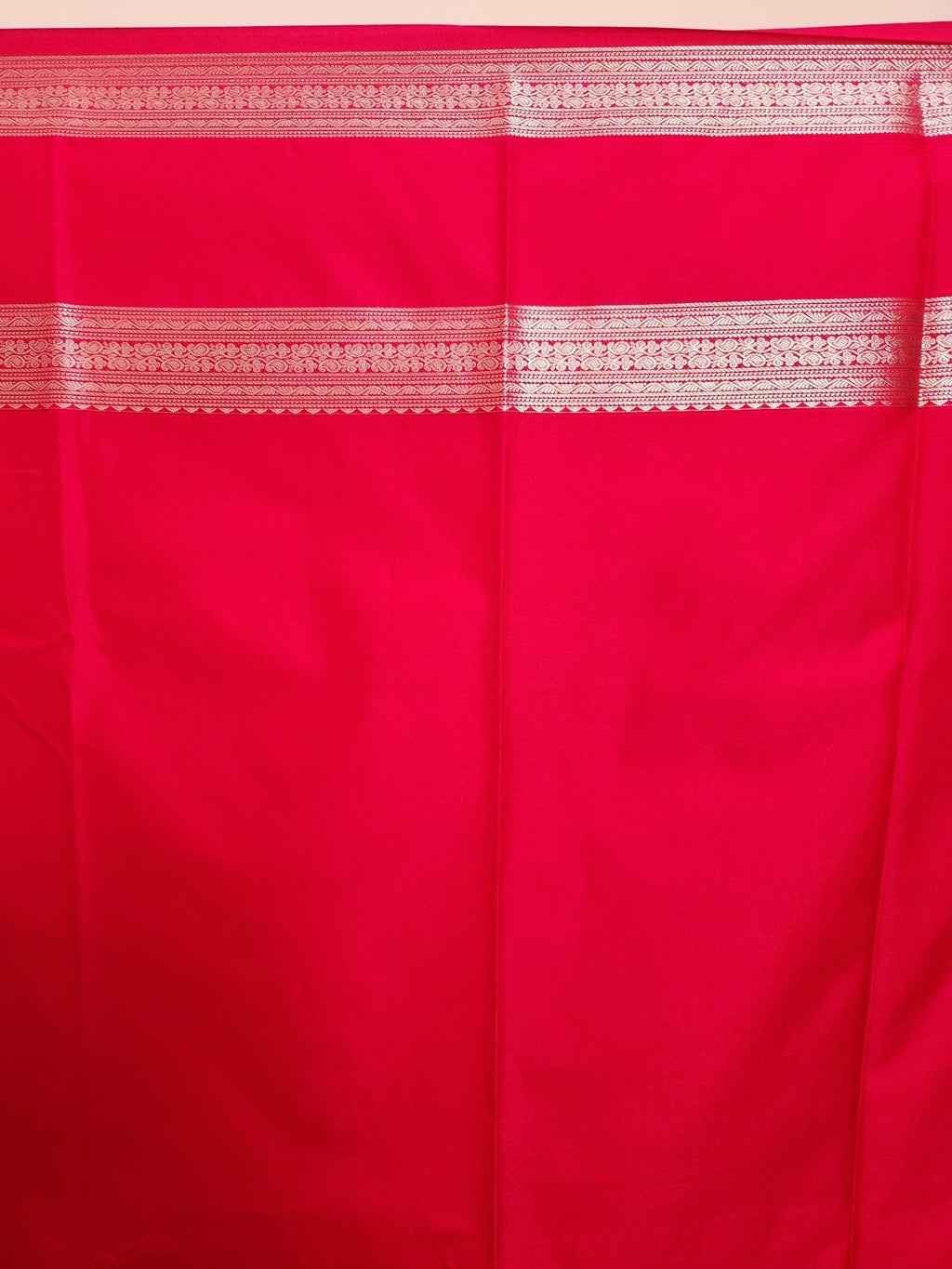 Red Orange Semi Kanchi Saree with Silver Zari & Horizontal Line Design - Urban Weave Sarees