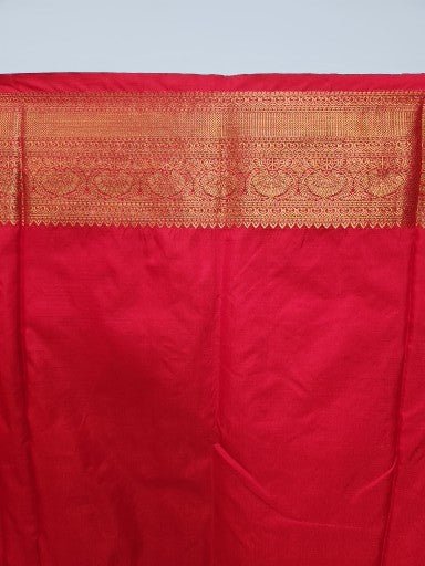 Red Semi Kaanchi Saree with Gold Zari & Small Butta Design - Urban Weave Sarees