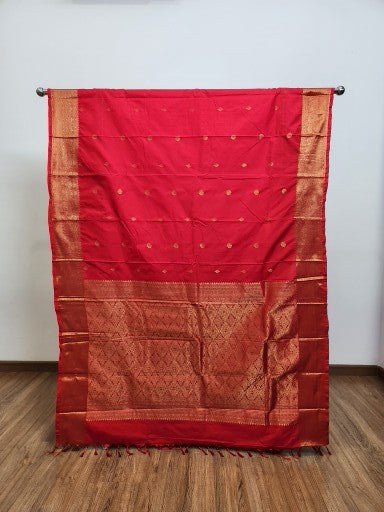 Red Semi Kaanchi Saree with Gold Zari & Small Butta Design - Urban Weave Sarees
