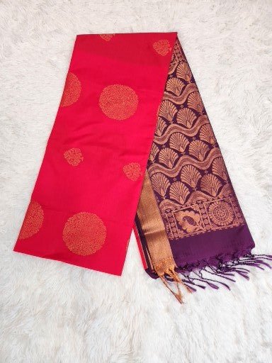 Red Soft Silk Saree with Copper Zari & Purple Pallu Design - Urban Weave Sarees
