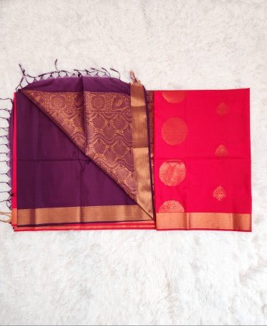 Red Soft Silk Saree with Copper Zari & Purple Pallu Design - Urban Weave Sarees