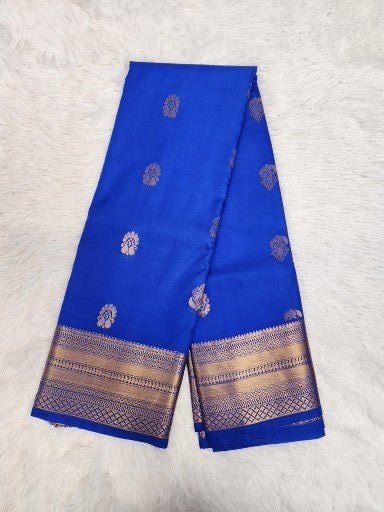 Royal Blue Semi Kaanchi Saree with Copper Zari & Small Butta Design - Urban Weave Sarees