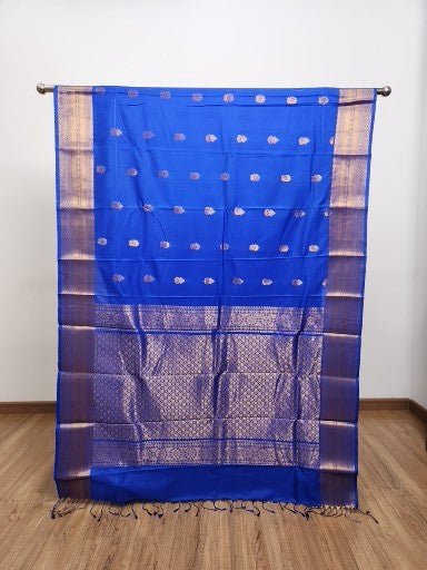 Royal Blue Semi Kaanchi Saree with Copper Zari & Small Butta Design - Urban Weave Sarees
