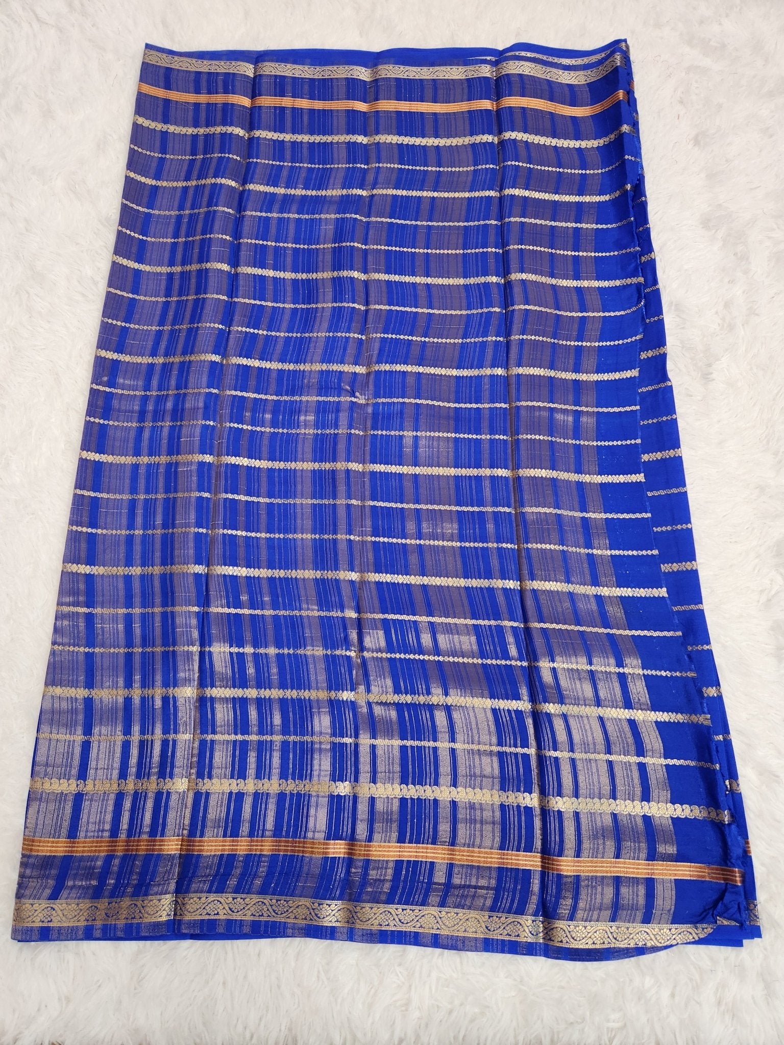 Royal Blue Soft Silk Saree with Gold Zari & Horizontal Line Design - Urban Weave Sarees