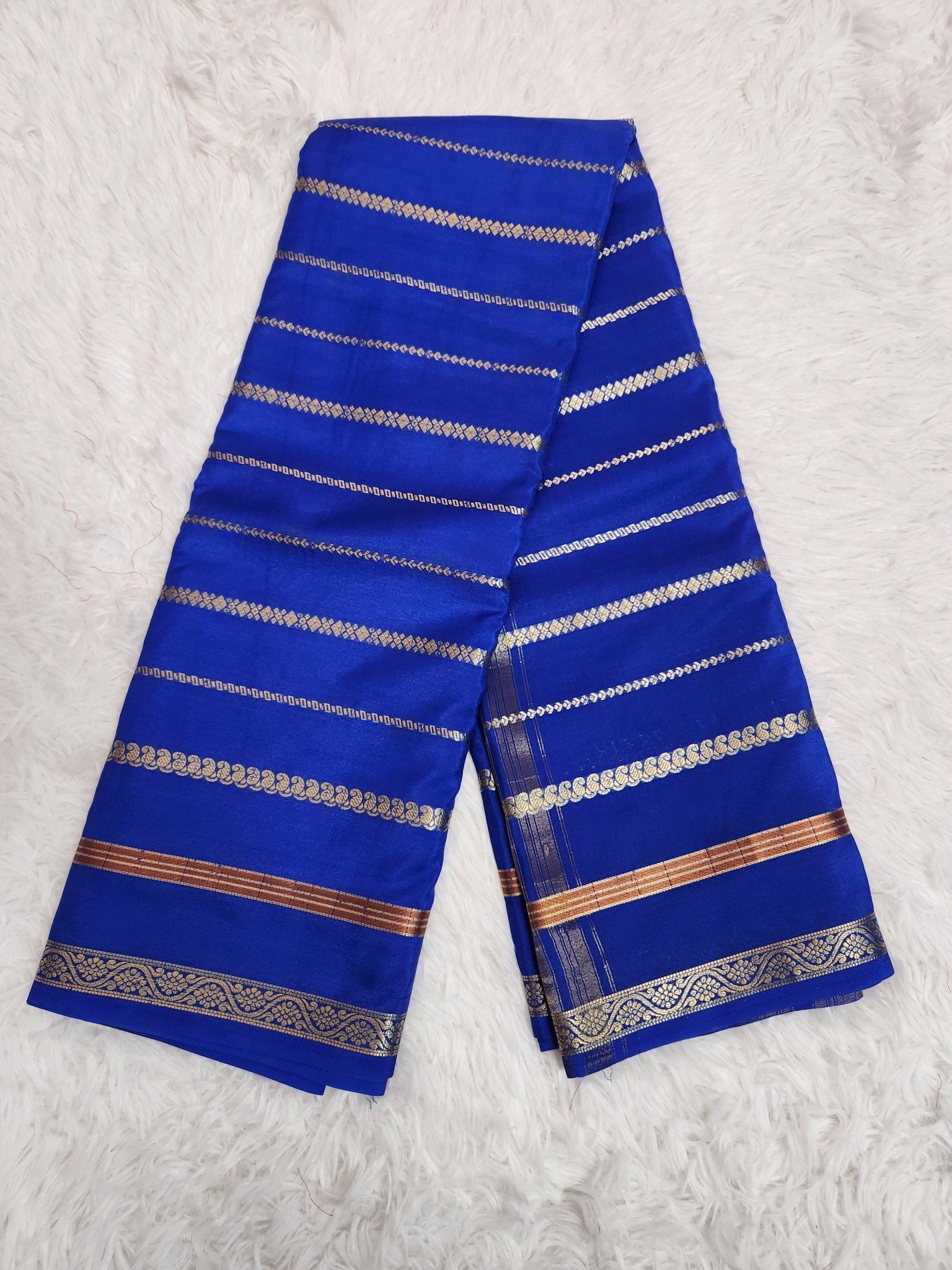 Royal Blue Soft Silk Saree with Gold Zari & Horizontal Line Design - Urban Weave Sarees