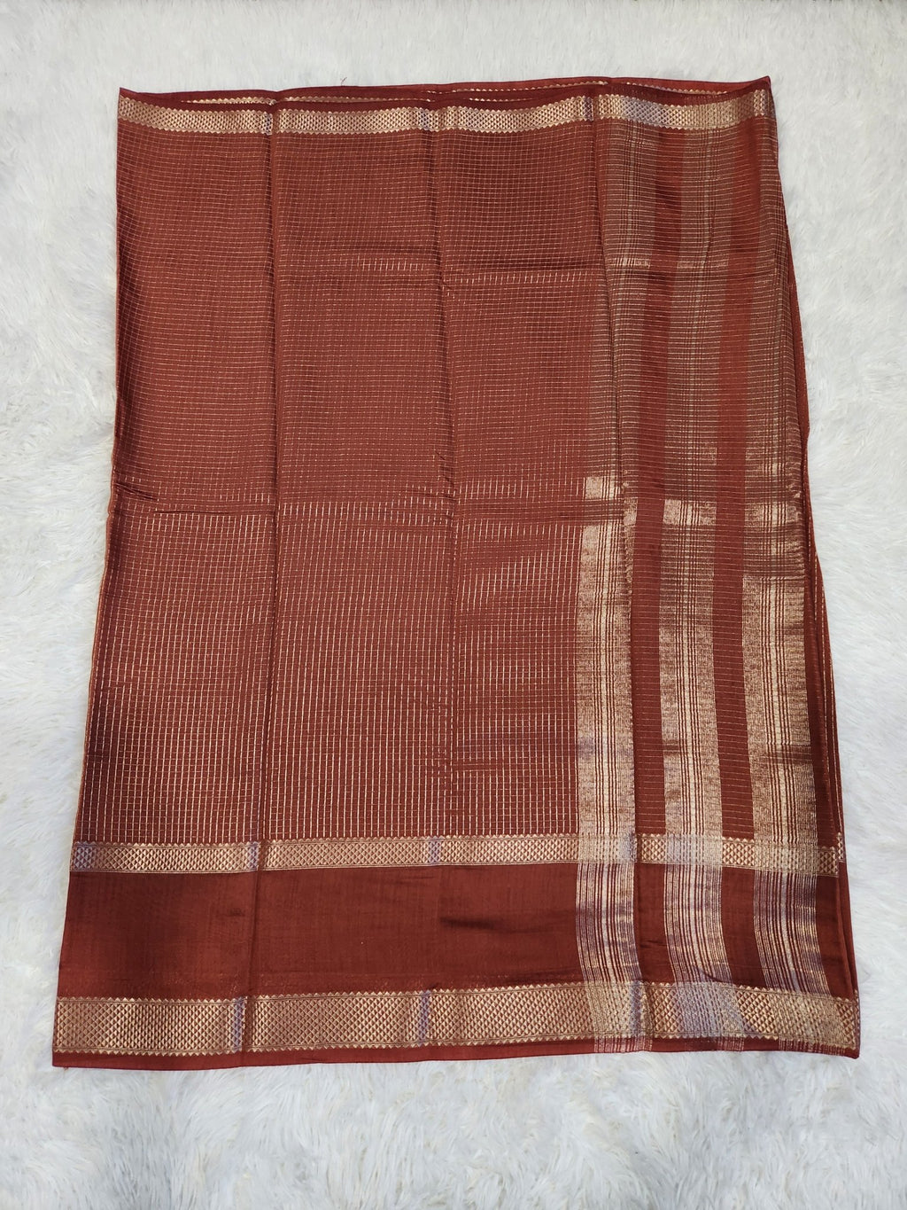 Rust Orange Fancy Saree With Silver Zari & Small Checks Design - Urban Weave Sarees