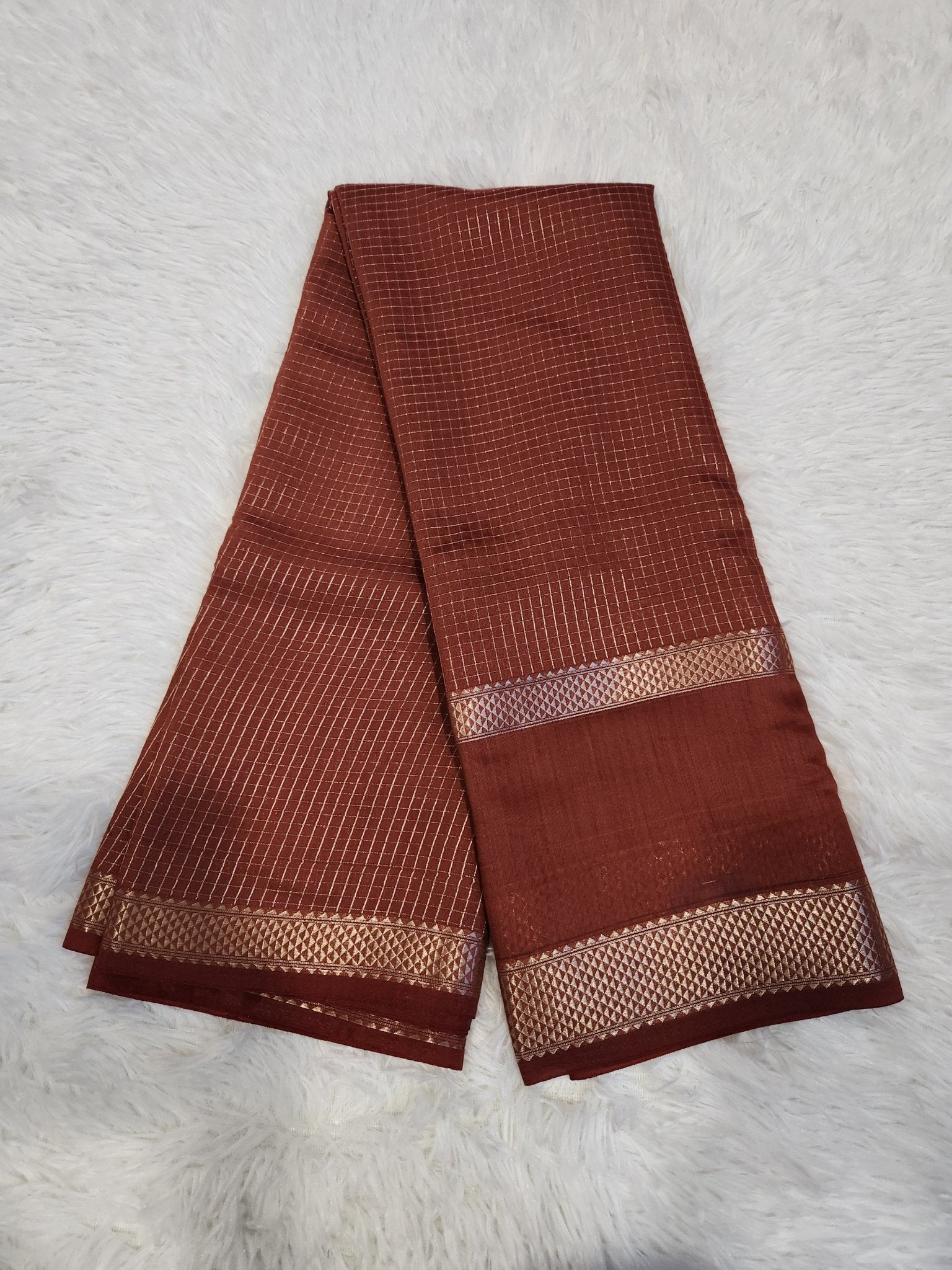 Rust Orange Fancy Saree With Silver Zari & Small Checks Design - Urban Weave Sarees