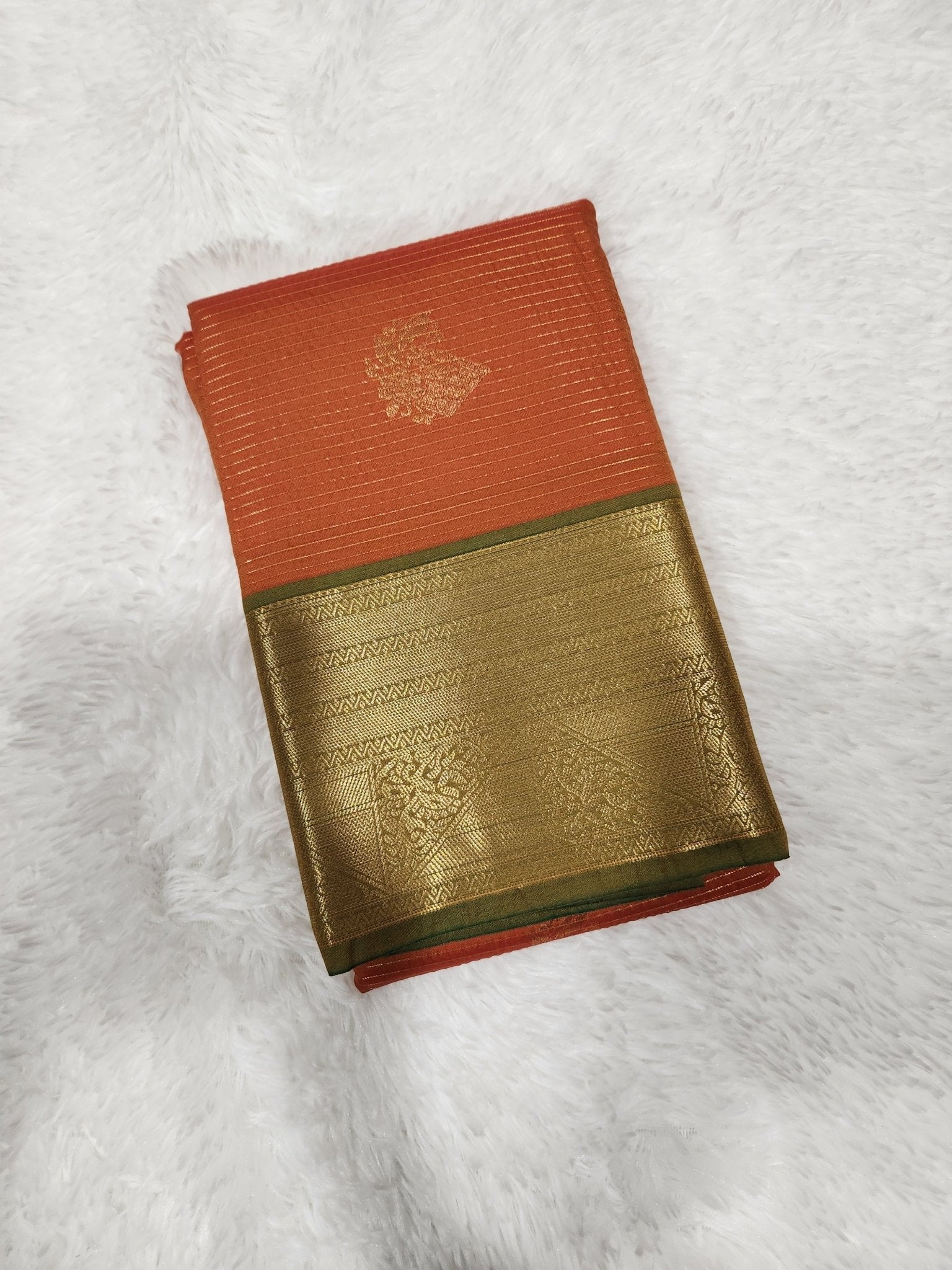 Rust Orange Semi Kanchi Saree with Gold Zari & Green Pallu - Urban Weave Sarees