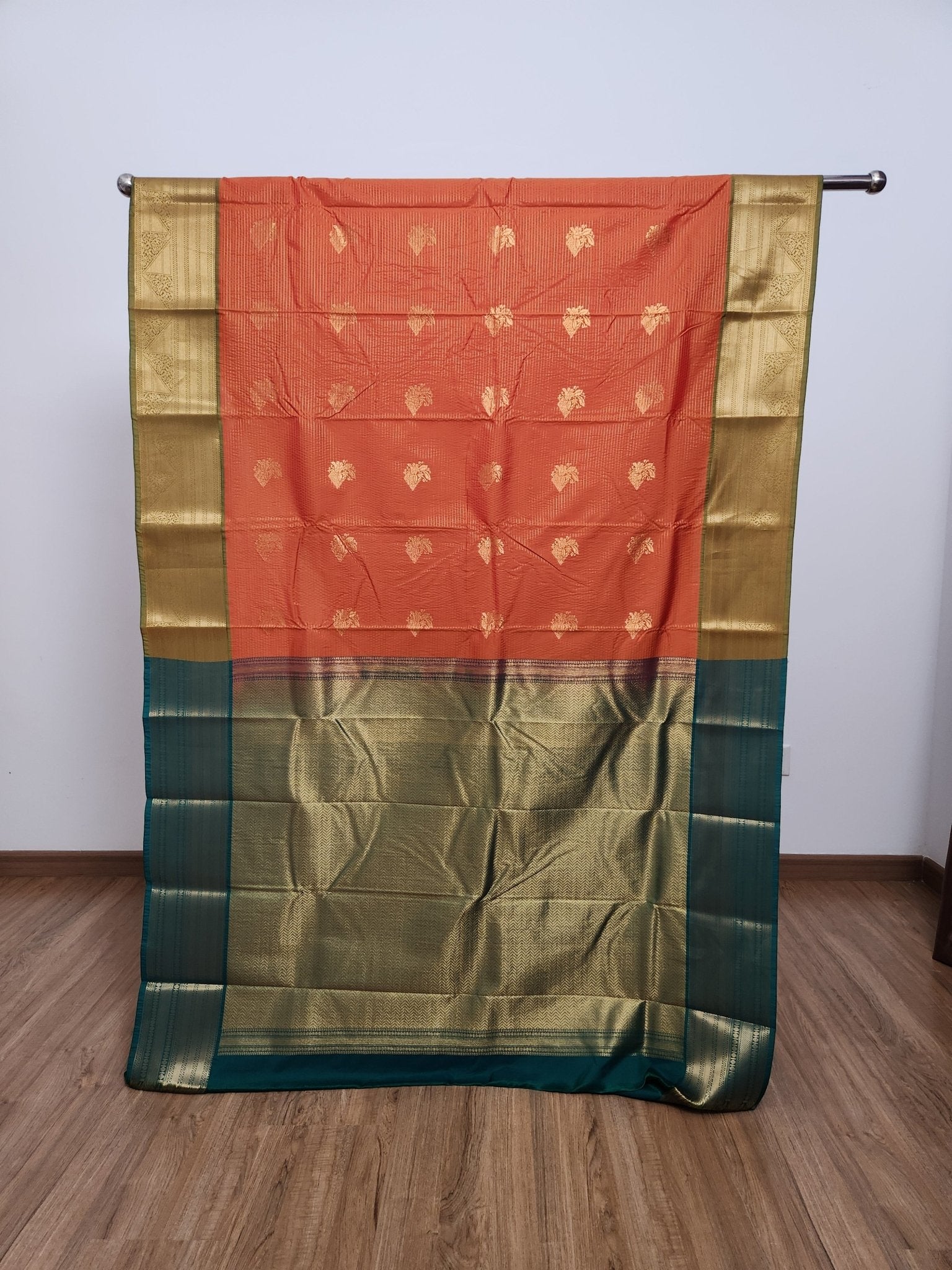 Rust Orange Semi Kanchi Saree with Gold Zari & Green Pallu - Urban Weave Sarees