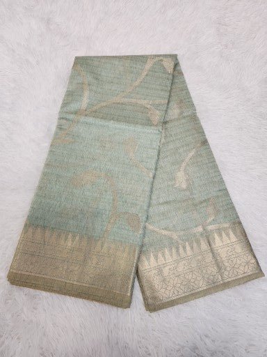 Sage Green Cotton Tissue Saree with Gold Zari & Floral Design - Urban Weave Sarees