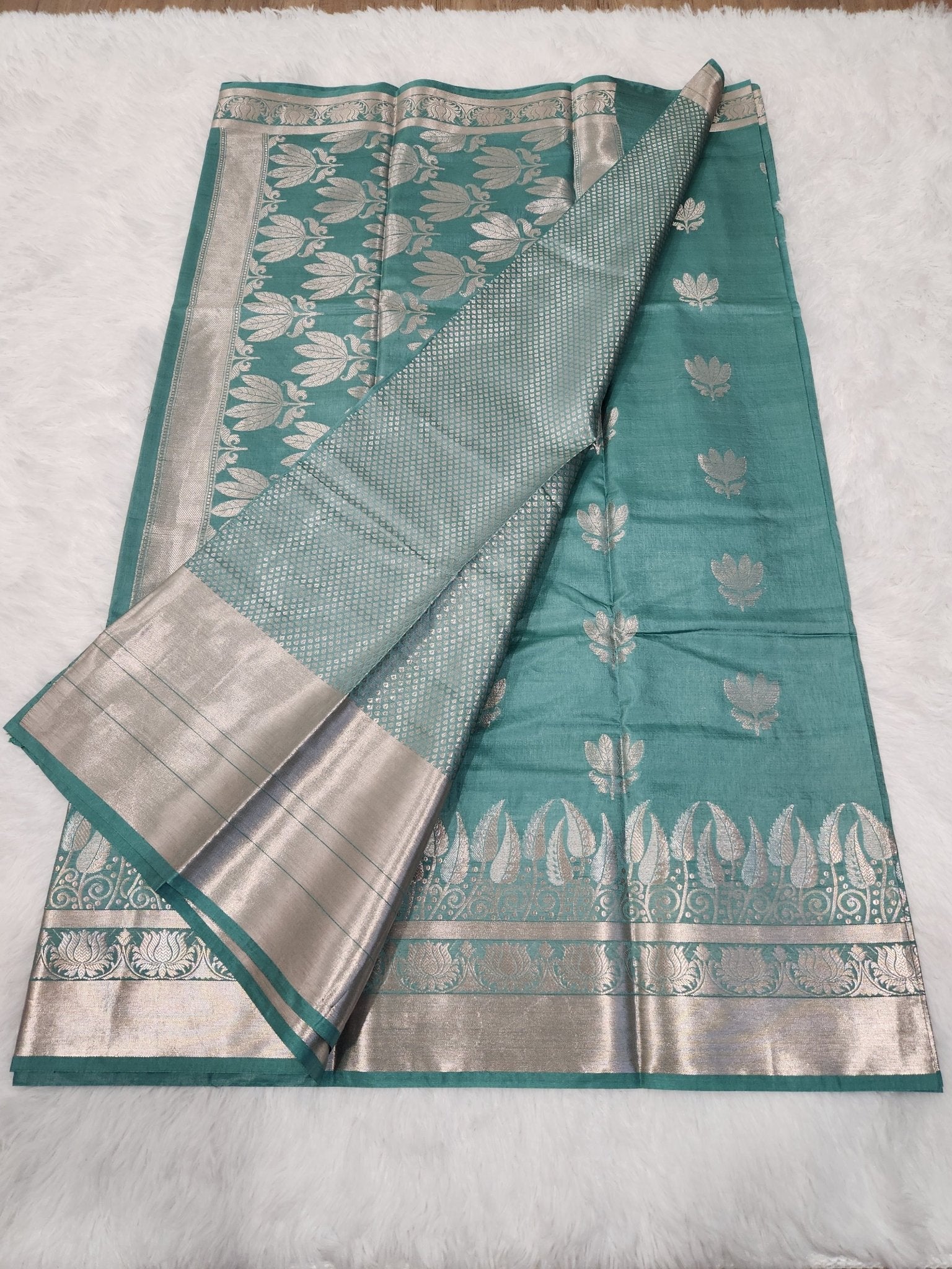 Sage Green Soft Silk Saree with Silver Zari & Lotus Flower Design - Urban Weave Sarees