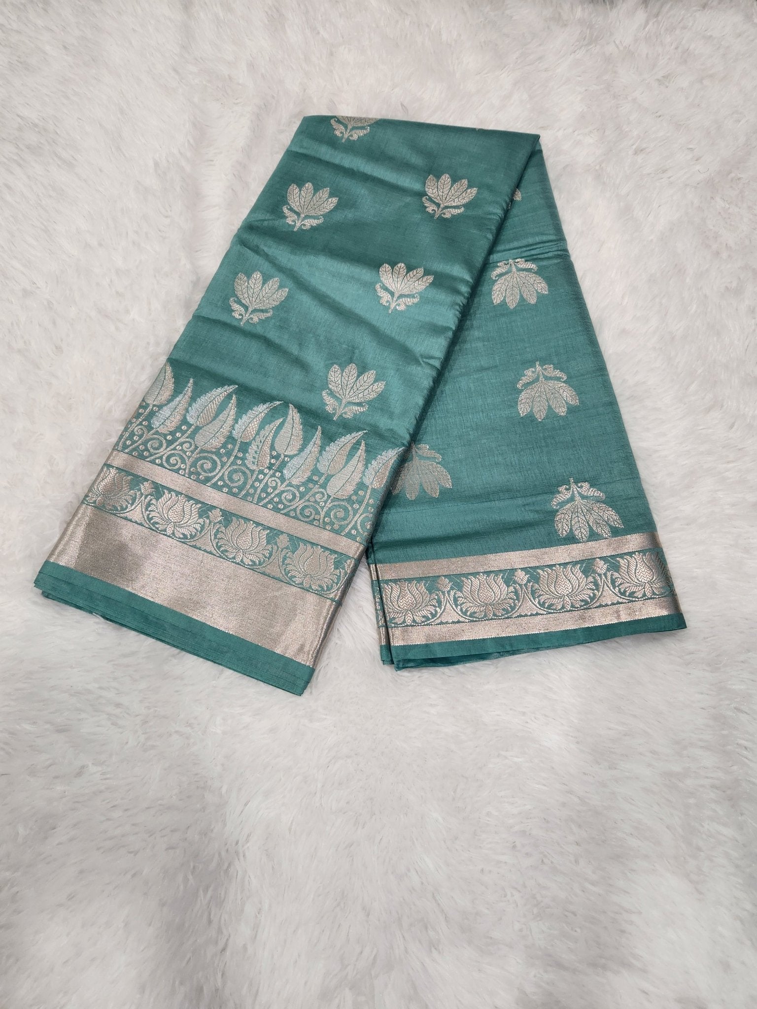 Sage Green Soft Silk Saree with Silver Zari & Lotus Flower Design - Urban Weave Sarees