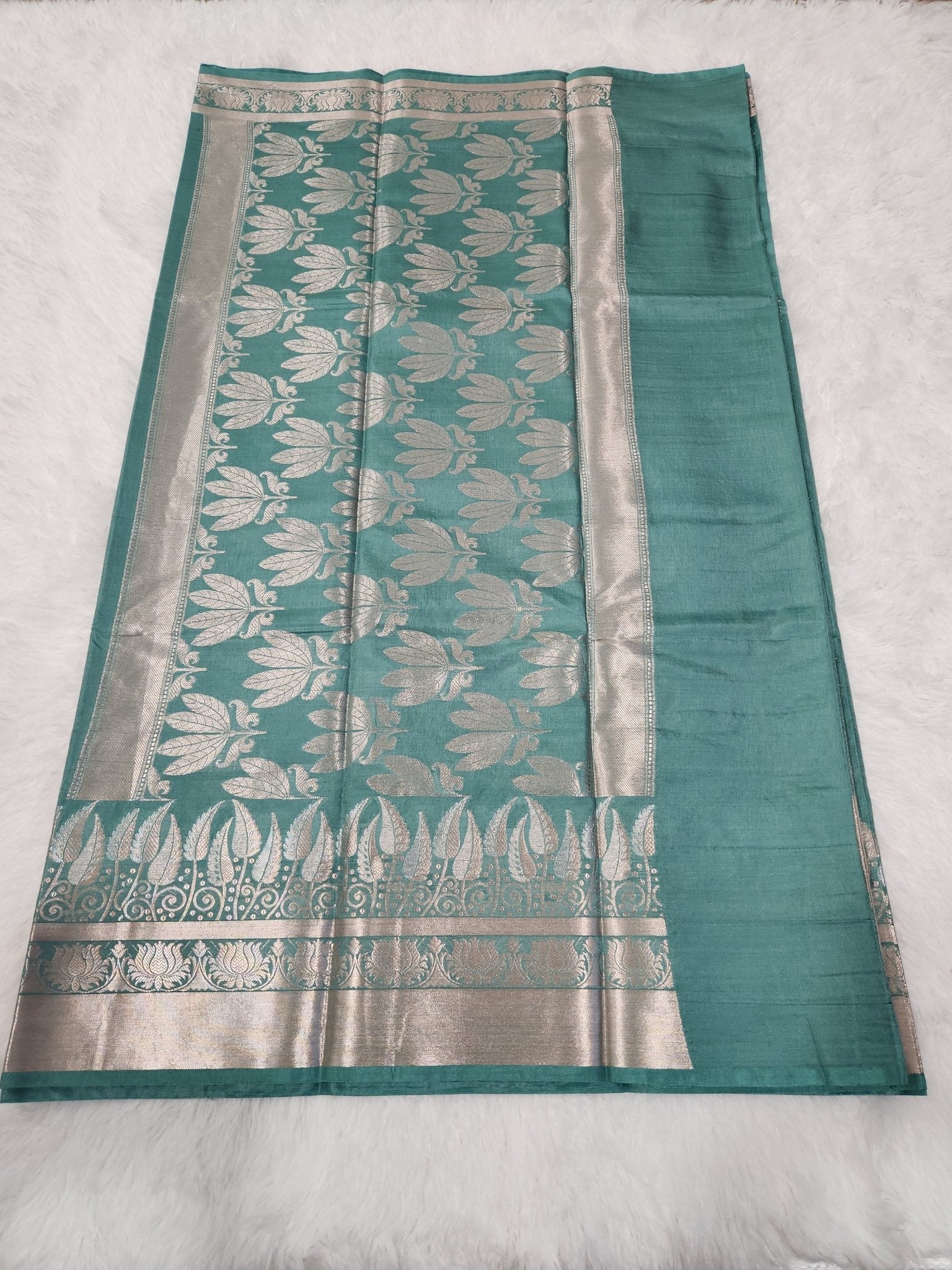 Sage Green Soft Silk Saree with Silver Zari & Lotus Flower Design - Urban Weave Sarees