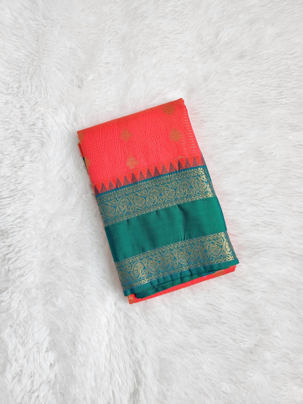 Salmon Red Semi Kanchi Saree with Gold Zari & Green Pallu - Urban Weave Sarees