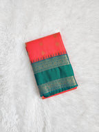 Salmon Red Semi Kanchi Saree with Gold Zari & Green Pallu - Urban Weave Sarees