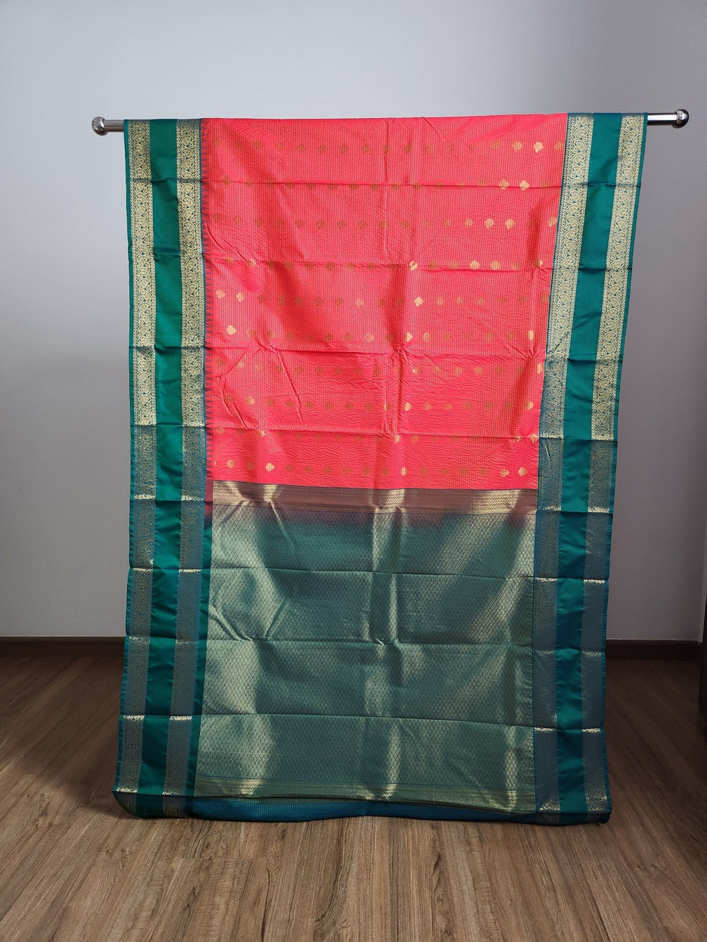 Salmon Red Semi Kanchi Saree with Gold Zari & Green Pallu - Urban Weave Sarees