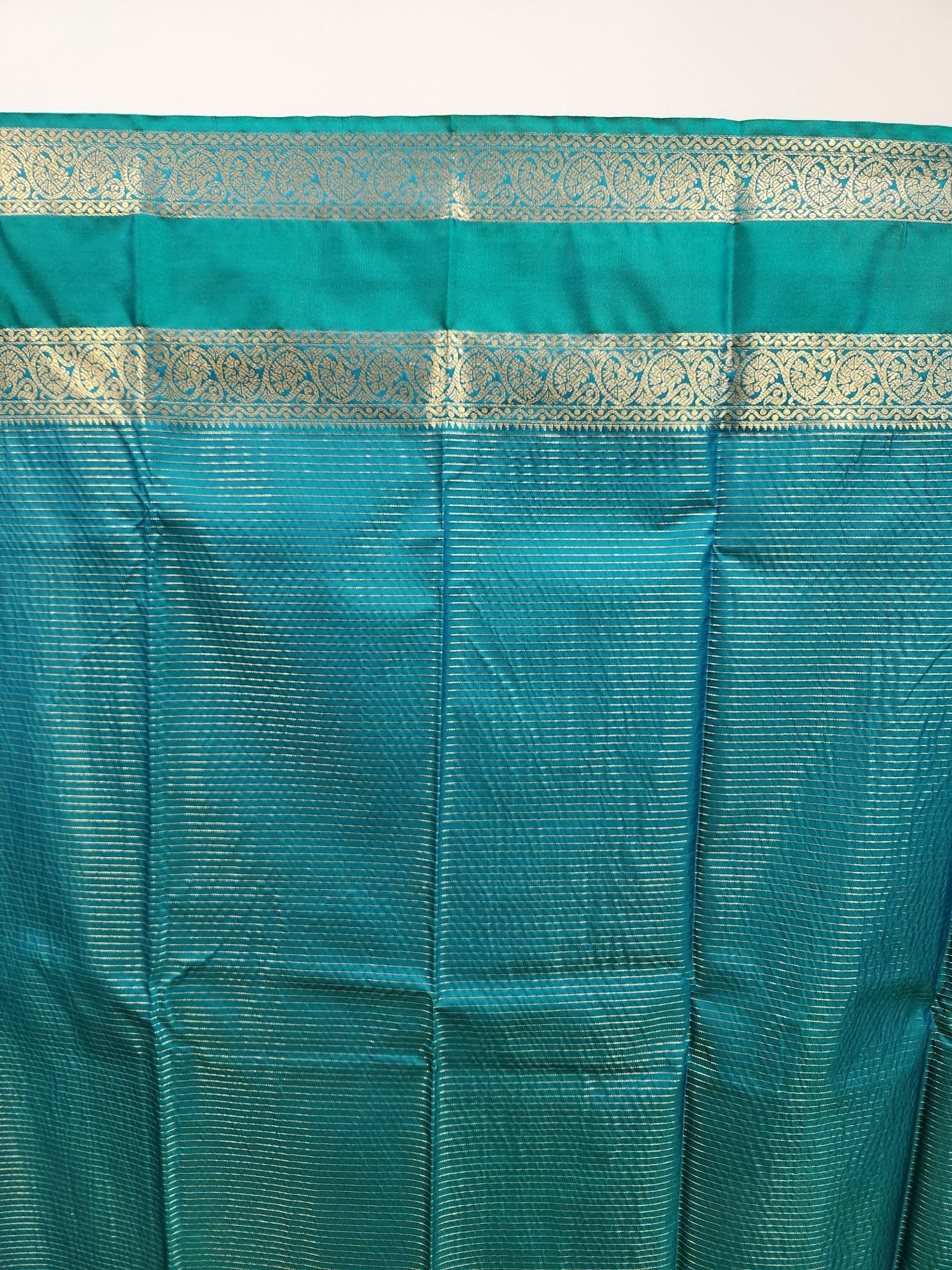 Salmon Red Semi Kanchi Saree with Gold Zari & Green Pallu - Urban Weave Sarees