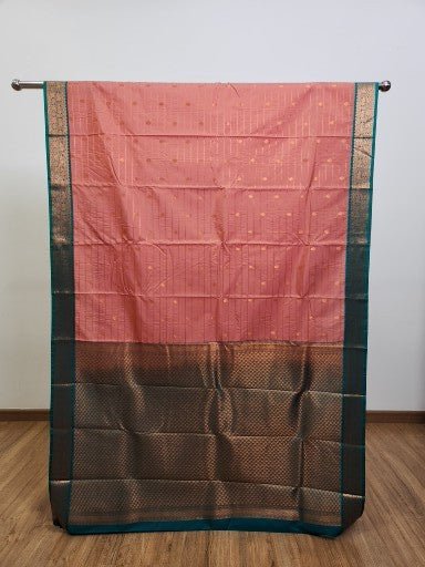 Salmon Semi Kanchi Saree with Copper Zari & Horizontal Line Design - Urban Weave Sarees