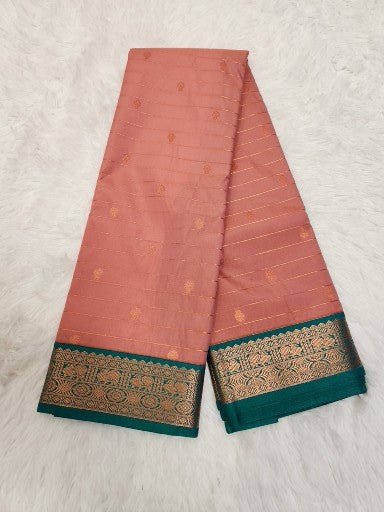 Salmon Semi Kanchi Saree with Copper Zari & Horizontal Line Design - Urban Weave Sarees