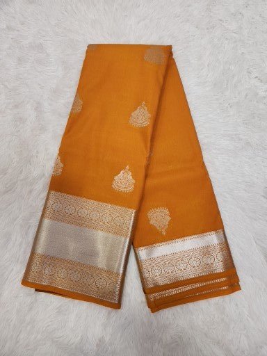 Sandal Yellow Semi Kaanchi Saree with Sliver Zari & Small Butta Design - Urban Weave Sarees