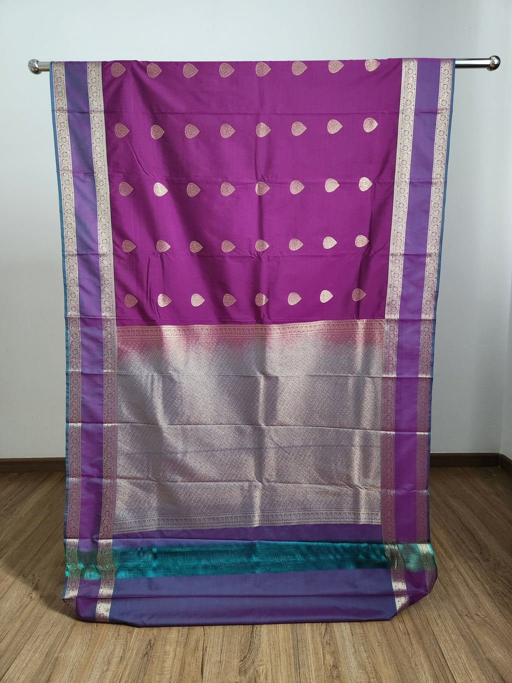 Wine Purple Semi Kanchi Saree with Silver Zari & Dual tone Purple Pallu - Urban Weave Sarees