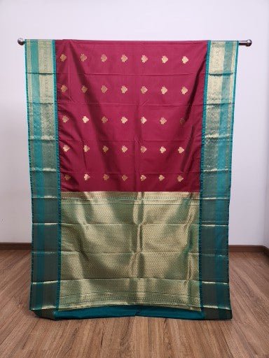 Wine Red Semi Kaanchi Saree with Copper Zari & Small Butta Design - Urban Weave Sarees