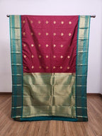 Wine Red Semi Kaanchi Saree with Copper Zari & Small Butta Design - Urban Weave Sarees
