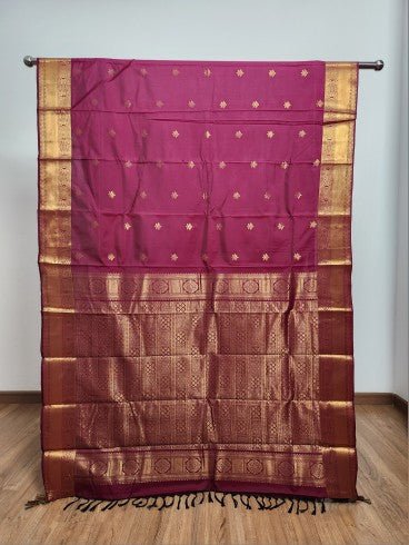 Wine Red Semi Kaanchi Saree with Copper Zari & Wine Red Pallu - Urban Weave Sarees