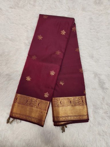 Wine Red Semi Kaanchi Saree with Copper Zari & Wine Red Pallu - Urban Weave Sarees