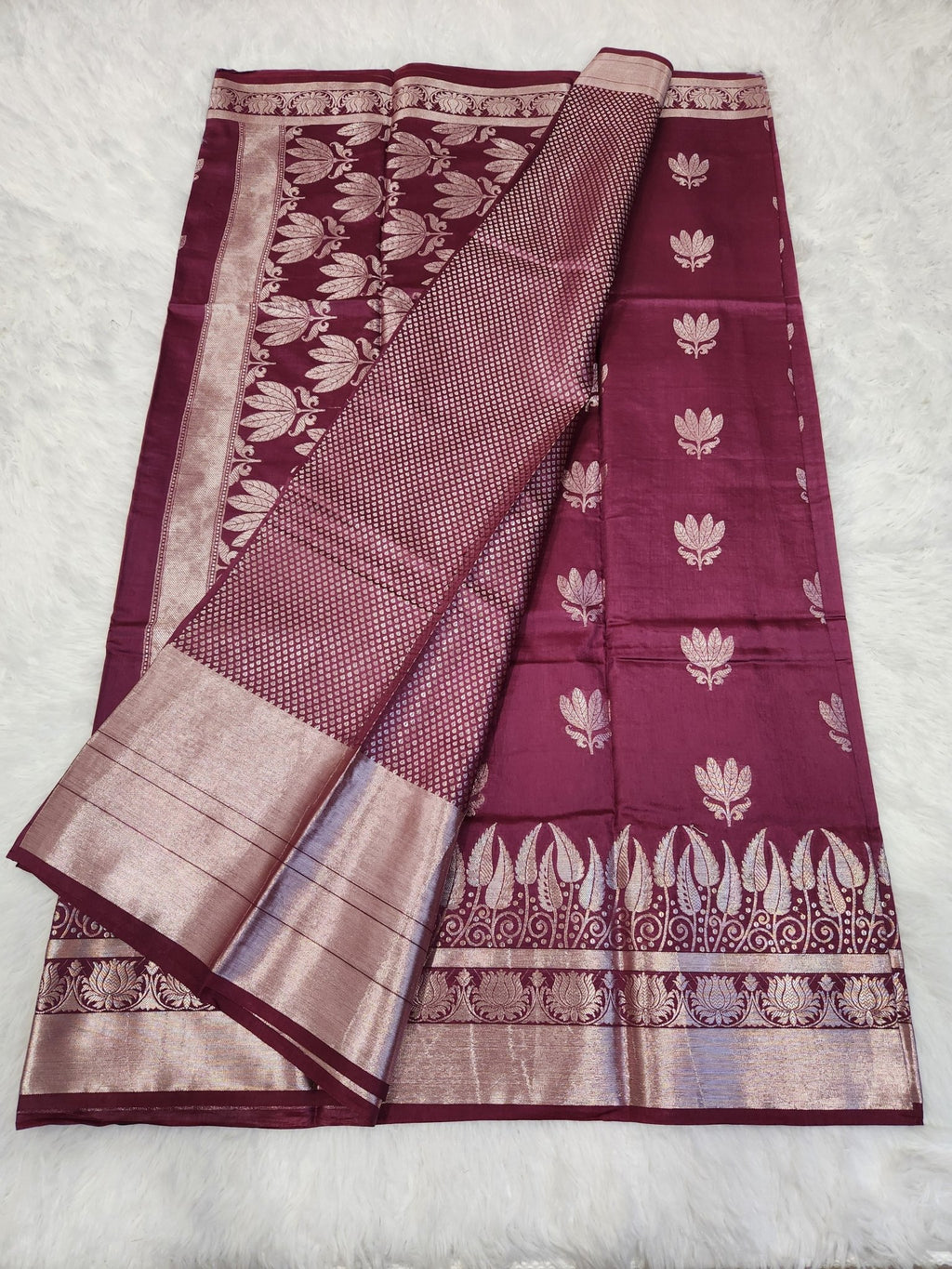Wine Soft Silk Saree with Silver Zari & Lotus Flower Design - Urban Weave Sarees