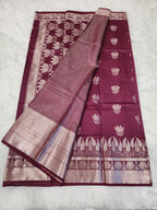 Wine Soft Silk Saree with Silver Zari & Lotus Flower Design - Urban Weave Sarees