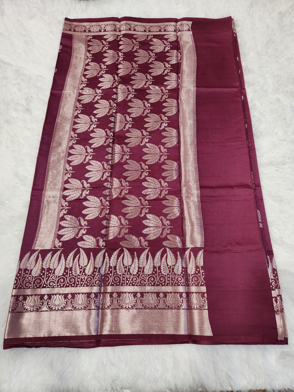 Wine Soft Silk Saree with Silver Zari & Lotus Flower Design - Urban Weave Sarees