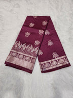 Wine Soft Silk Saree with Silver Zari & Lotus Flower Design - Urban Weave Sarees