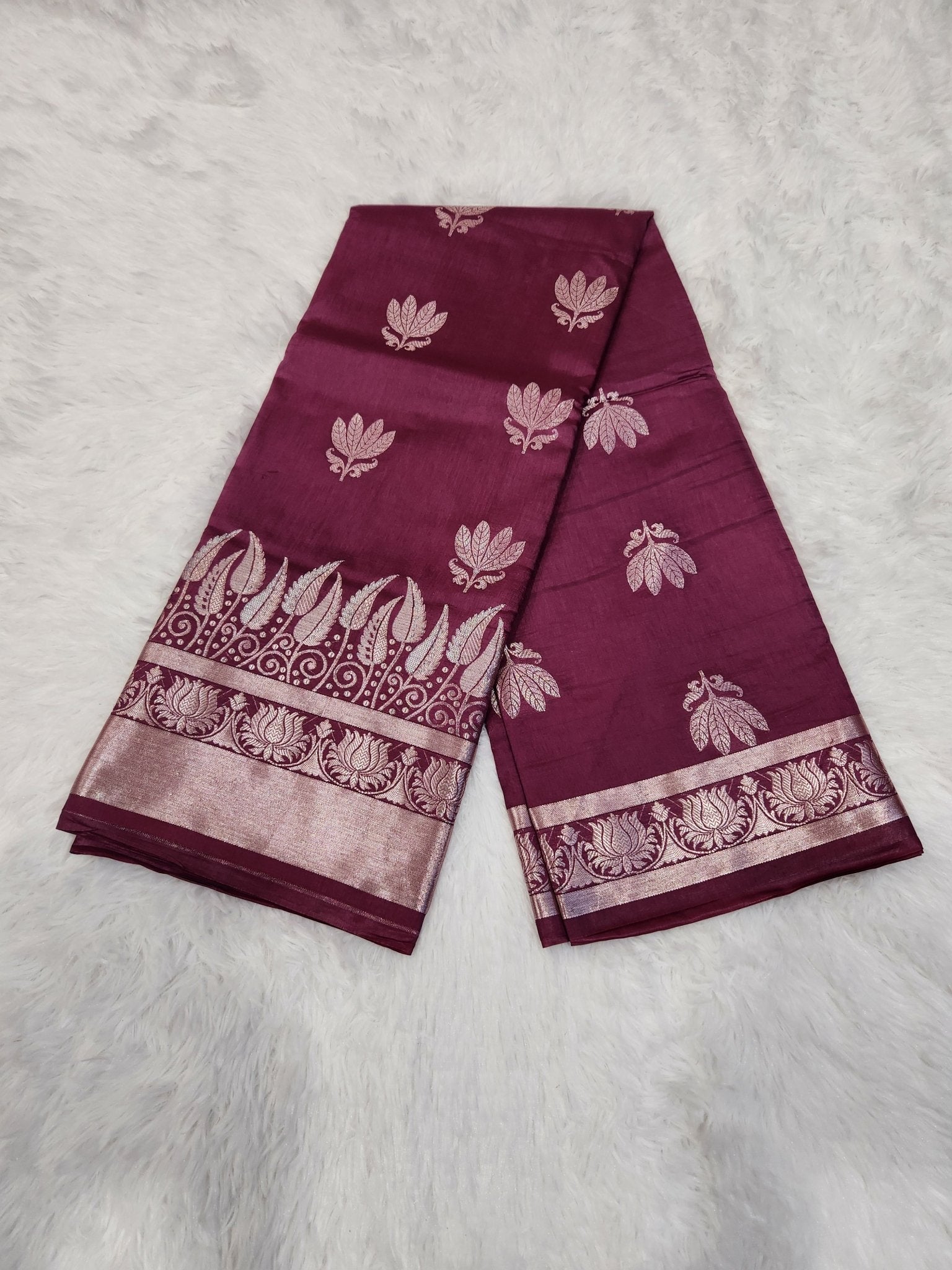 Wine Soft Silk Saree with Silver Zari & Lotus Flower Design - Urban Weave Sarees