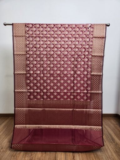 Wine Tissue Saree with Copper Zari & Full Kodi Flower Butta Design - Urban Weave Sarees